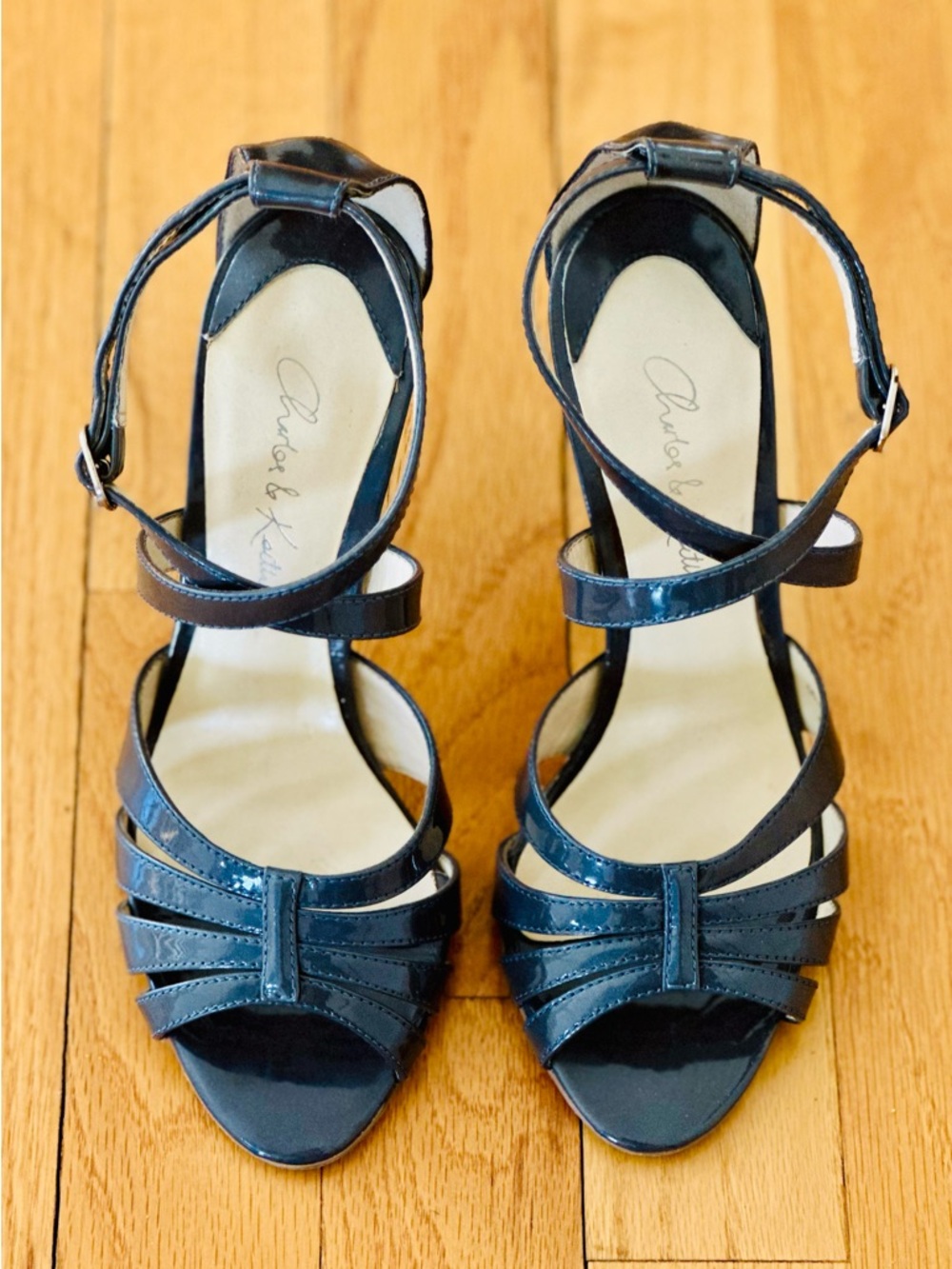 Charles & Keith Blue Gray Glossy Strappy Heeled Sandals Ankle Strap Size 34 / 4